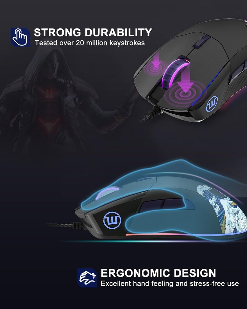 COSTOM Womier G705 USB Wired Gaming Mouse for PC Computer Windows Mac Laptop, Lightweight Silent RGB Backlit Mouse with Adjustable 12000DPI/7 Programmable Side Buttons,Black Kanagawa Theme - Image 3